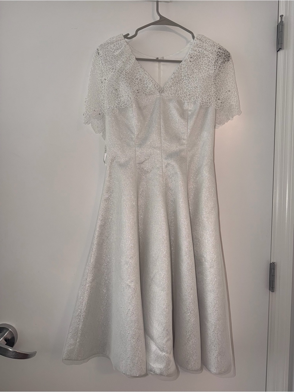 White Lace Yoke A-Line Glimmering Dress - Picture 3 of 8